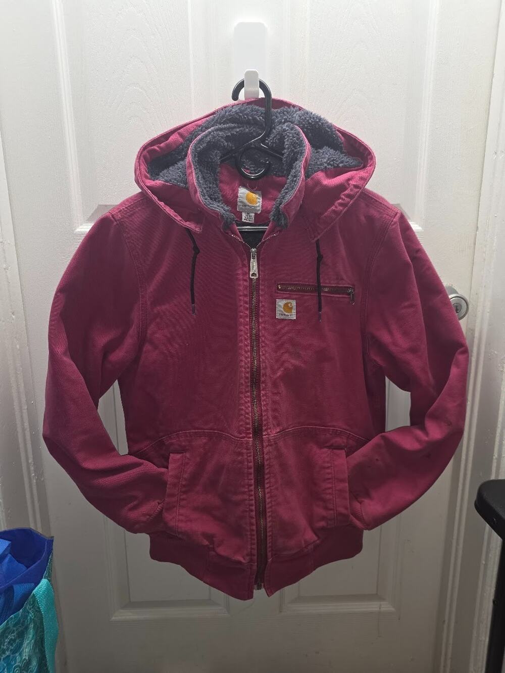 Carhartt Pink Sherpa Lined Hooded Distressed Chore Jacket Workwear Womens Medium
